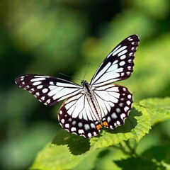 Fototapeta premium A close-up photo of a butterfly in flight, wings slightly blurred to convey motion, deep focus on its body and head, eye-level shot capturing its expressive eyes and unique patterns, giving a sense of