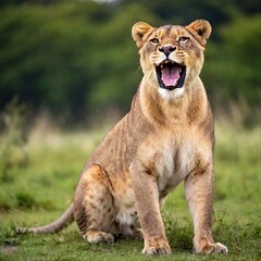 A full shot photo of a lioness in mid-roar, deep focus on its open mouth and intense facial expression, low-angle shot capturing the full body and the dynamic energy of its powerful stance
