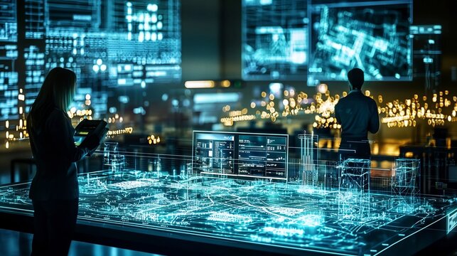 Smart Grid Interface in Futuristic Command Center Monitoring 3D Energy Flow and Consumption