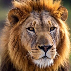 A close-up photo portrait of a lion with its head slightly tilted, deep focus on the softness of...