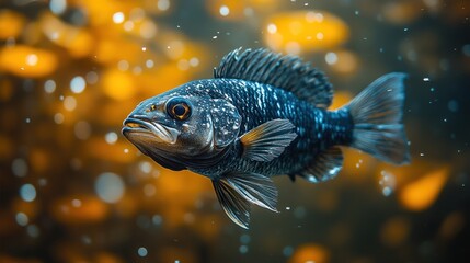 Fototapeta premium A vibrant fish swimming in an underwater scene with bubbles.