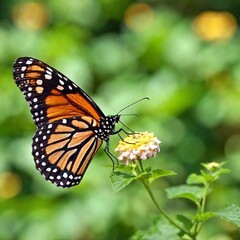Fototapeta premium A macro photo of a butterfly in mid-flight, soft focus rendering the background into a soft, colorful blur, low angle shot capturing the upward motion and the fine details of its underwings and body