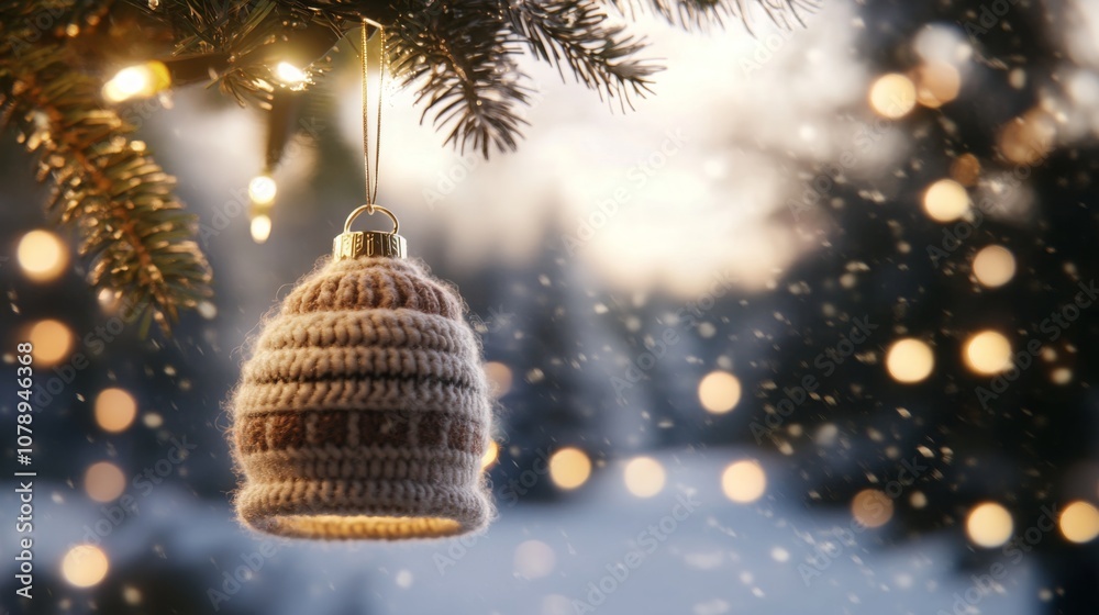Poster a knitted hat ornament is delicately suspended from the branches of a snow-covered pine tree, surrou