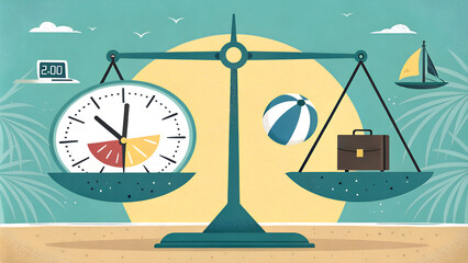 Work-life balance concept illustration with clock and briefcase on scales at the beach