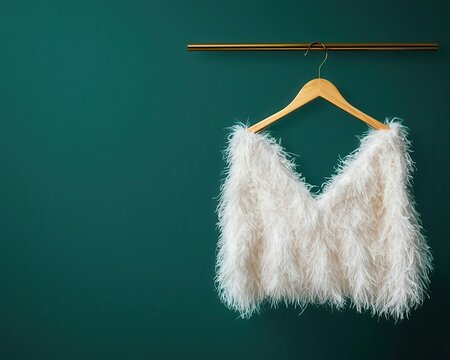 Feathertrimmed cocktail dress on a gold hanger, dramatic lighting, luxury fashion piece for red carpet events