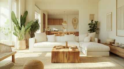 Fototapeta premium Warm, inviting living room with a white sectional sofa, wooden coffee table, beige rug, and a few plants. Beige walls enhance the minimalist decor.