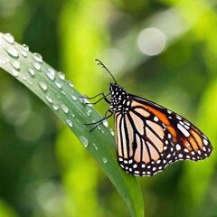 Fototapeta premium A macro photo of a butterfly resting on a dew-covered leaf, soft focus blurring the light reflections from the dew drops, low angle shot giving an upward view that enhances the fragile and translucent