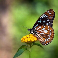 Fototapeta premium A close-up photo of a butterfly with dew drops on its wings in the early morning light, deep focus emphasizing the tiny water droplets and the texture of its wing scales, eye-level shot creating an in