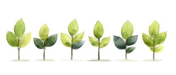Various green leaves illustration on white isolate background.