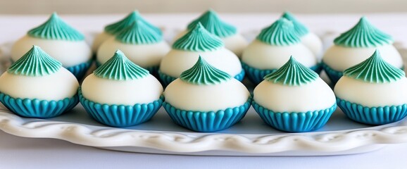 Teal and White Gourmet Cupcakes on a White Plate
