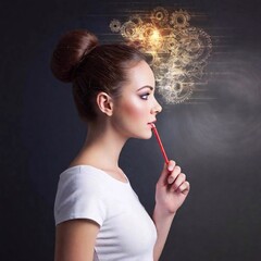 Fototapeta premium A high-resolution ultrarealistic image shows a side profile of a woman with light skin and brown hair, styled neatly in a bun. She wears a white blouse and holds a pencil to her lips, thinking. Digita