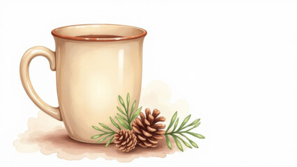 Watercolor painting of a beige mug with a pine cone design, with empty space for text on the right. The concept of Christmas, New Year. Banner.
