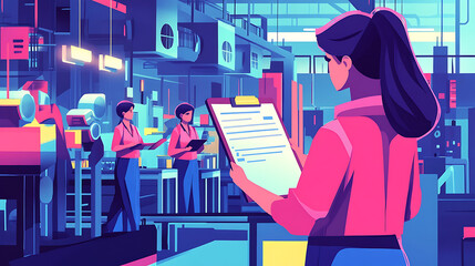 Fototapeta premium Female manager in a factory setting, overseeing the production line while holding a clipboard and directing workers 