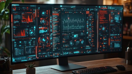 A large computer monitor with a futuristic interface displaying various graphs, charts, and data.