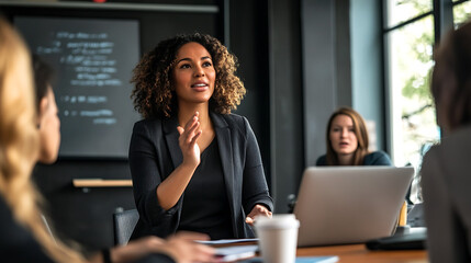 Female team leader giving instructions to her colleagues in a relaxed, open workspace with laptops and coffee cups 