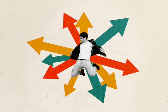 Creative photo collage young ambitious man jump direction arrows achieve goal aim target career promotion success drawing background