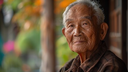 Against a colorful backdrop, a thoughtful elderly woman's contemplative pose reflects on a lifetime of memories and lessons learned