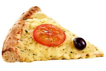 fatia de pizza de queijo, tomate e azeitona prato isolado em fundo transparente