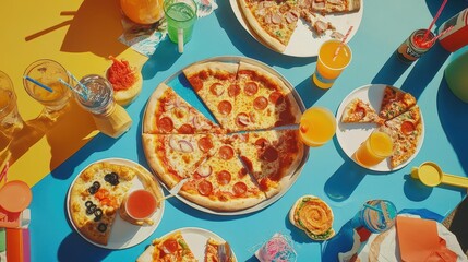 Flatlay of a table filled with different pizzas and drinks, ready for a World Pizza Day party