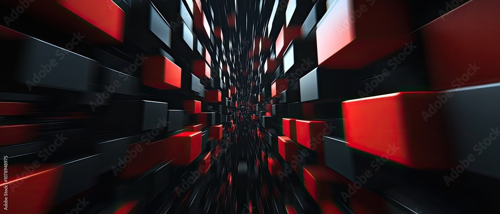 Poster dynamic abstract composition featuring black and red cubes creating a sense of movement and depth wi
