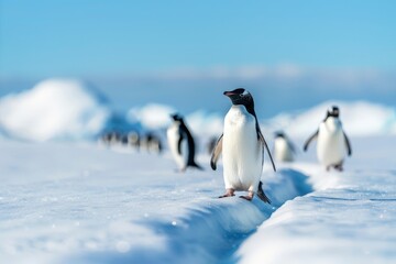Obraz premium A solitary penguin walks steadily on the snowy ground of Antarctica, surrounded by others in the distance, enjoying a clear, sunny day in the polar environment