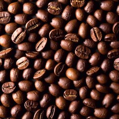 Naklejka premium A high-resolution ultrarealistic image capturing an overhead view of numerous coffee beans. This digital photograph showcases an array of roasted coffee beans, each displaying rich hues ranging from d