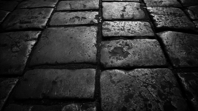 Wet cobblestone path with dark textured stones in moody lighting