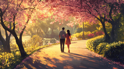 Fototapeta premium A couple having a romantic stroll in a park. realistic. Romantic. Illustration