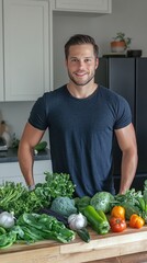 Fototapeta premium Smiling man with fresh vegetables on a kitchen countertop.