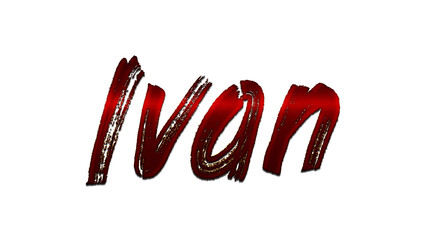 3D blood red design of name Ivan on white background.
