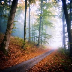 Fototapeta premium A high-resolution ultrarealistic image of a misty forest path in early morning. This digital photograph captures a winding trail blanketed with fallen leaves, bordered by tall, slender trees. The bran