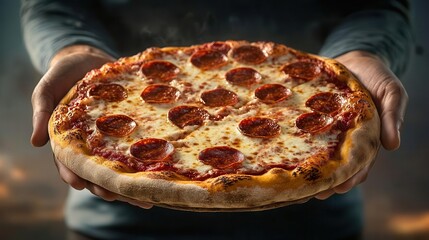 Hands holding up a pizza topped with extra cheese and pepperoni, representing pizza indulgence