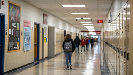 This image showcases a bustling school hallway with students walking past lockers and colorful bulletin boards, capturing the vibrant atmosphere of a learning environment. Ideal for themes related to 