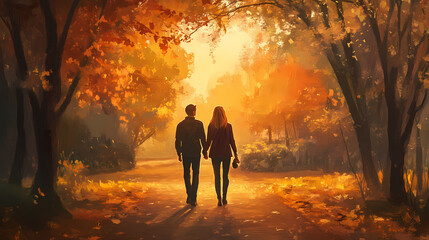 Fototapeta premium A couple having a romantic stroll in a park. realistic. Romantic. Illustration