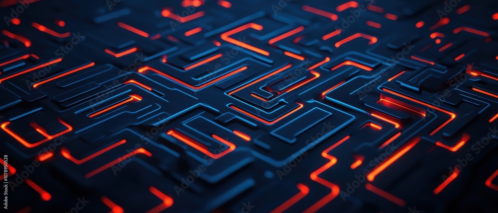 Poster abstract circuit design with glowing lines and a dark background creating a modern look.