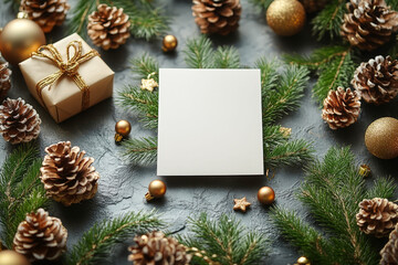 Flat lay of a blank card, wrapped gift, and pinecones on a dark background with festive decor. Ideal for holiday invitations or greetings.