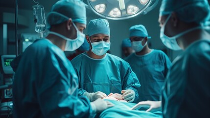 A newborn baby is born by c-section in an operating room attended by a surgeon and medical team	
