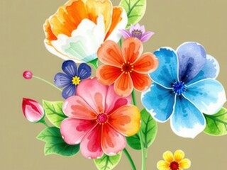Vibrant watercolor illustration of various flowers in full bloom, hand-painted, design, flowers