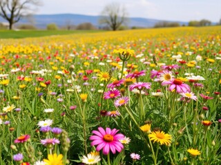 Vibrant yellow daffodil flowers blooming in a lush field under the sun, freshness, field, environment