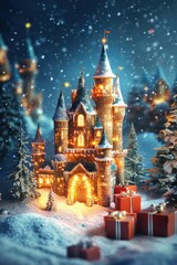 Fototapeta premium Beautiful magical ice castle. Romantic winter background for greeting card poster design.
