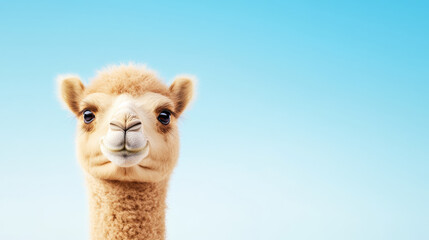 Obraz premium Animal front and look straight, Fluffy baby camel with charming expression against clear blue sky. This adorable creature showcases its unique features and playful demeanor