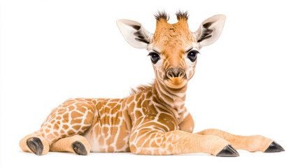 Obraz premium Animal front and look straight, full body baby giraffe with long legs and wide eyes, resting peacefully. This adorable creature showcases its unique patterns and gentle expression