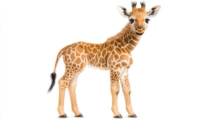 Naklejka premium Animal front and look straight, full body baby giraffe with long legs and wide eyes stands playfully, showcasing its unique patterns and adorable features