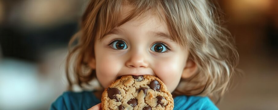 A child taking their first bite of a gooey, chocolate chip cookie, wideeyed with joy, National Cookie Day bliss