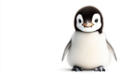 Fototapeta premium Animal front and look straight, full body baby penguin standing and staring forward with curious expression. This adorable creature showcases its fluffy feathers and charming features