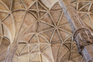 Ceiling of the Hieronymus monastery, a popular place for tourits in Belem in Lisbon, Portugal