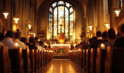 Many people are seated in pews inside a church, quietly praying with their heads bowed and hands clasped. Parishioners of a Christian church listen attentively to the priest's sermon. Selective focus.