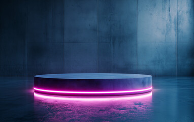 3D neon podium with glowing edges in deep blue environment creates striking visual. vibrant pink light contrasts beautifully with sleek, modern design