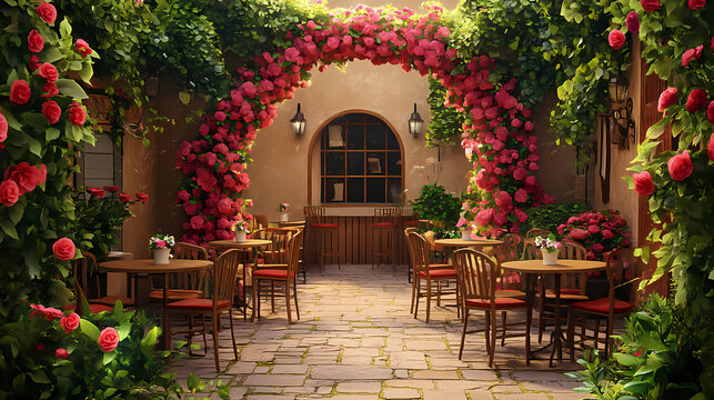 A cozy cafe patio with flower-covered archway, inviting tables, chairs, and lush greenery. it symbolizes a peaceful escape, fresh beginnings, and a charming atmosphere. Romantic. Illustration