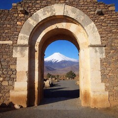 Fototapeta premium low-angle shot of an ancient stone archway holding a circular portal, with the majestic snow-capped mountains looming in the distance